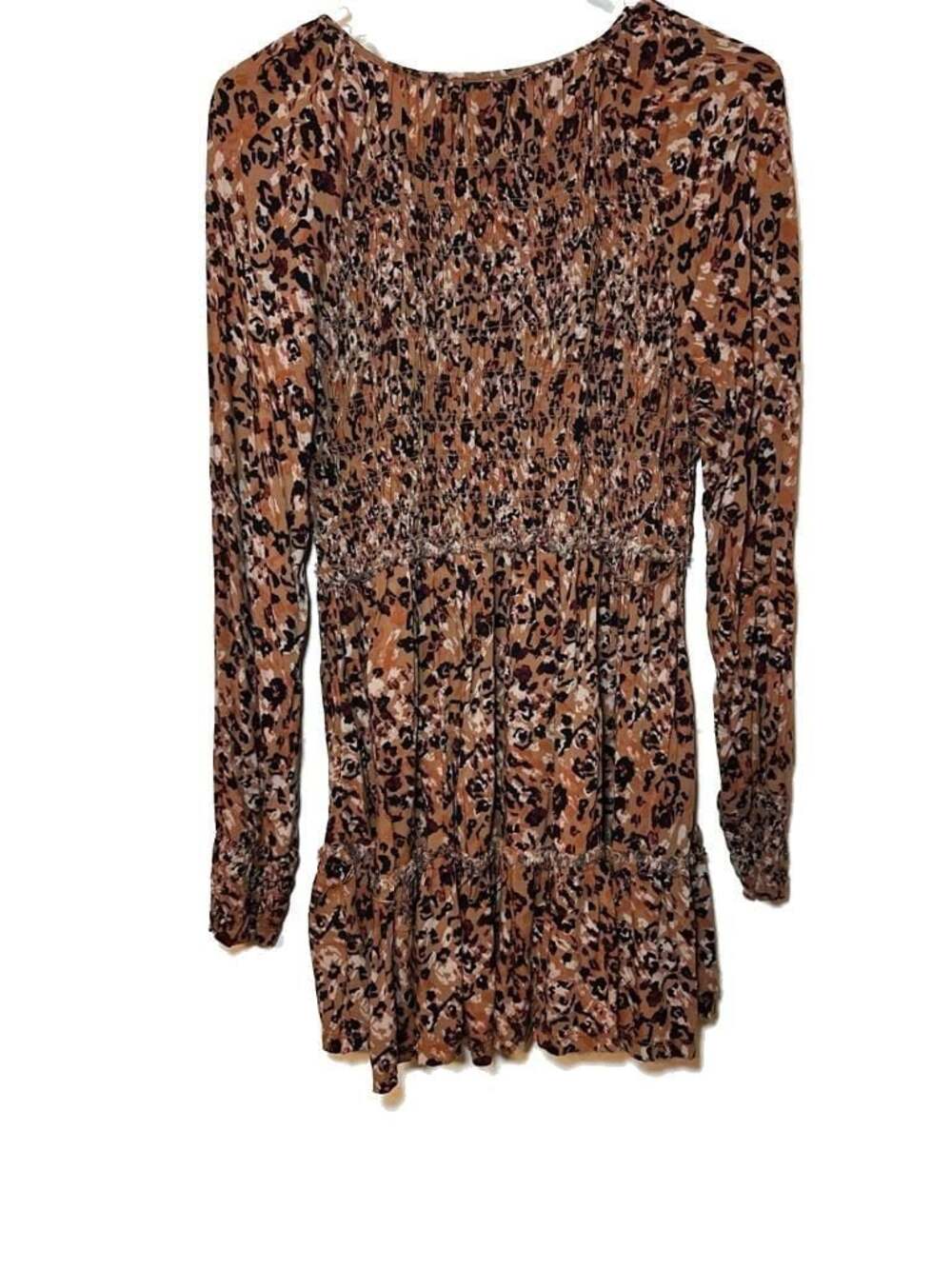 Beachlunchlounge Brown Animal Print Smocked Long Sleeve Tiered Mini Dress - Picture 4 of 4
